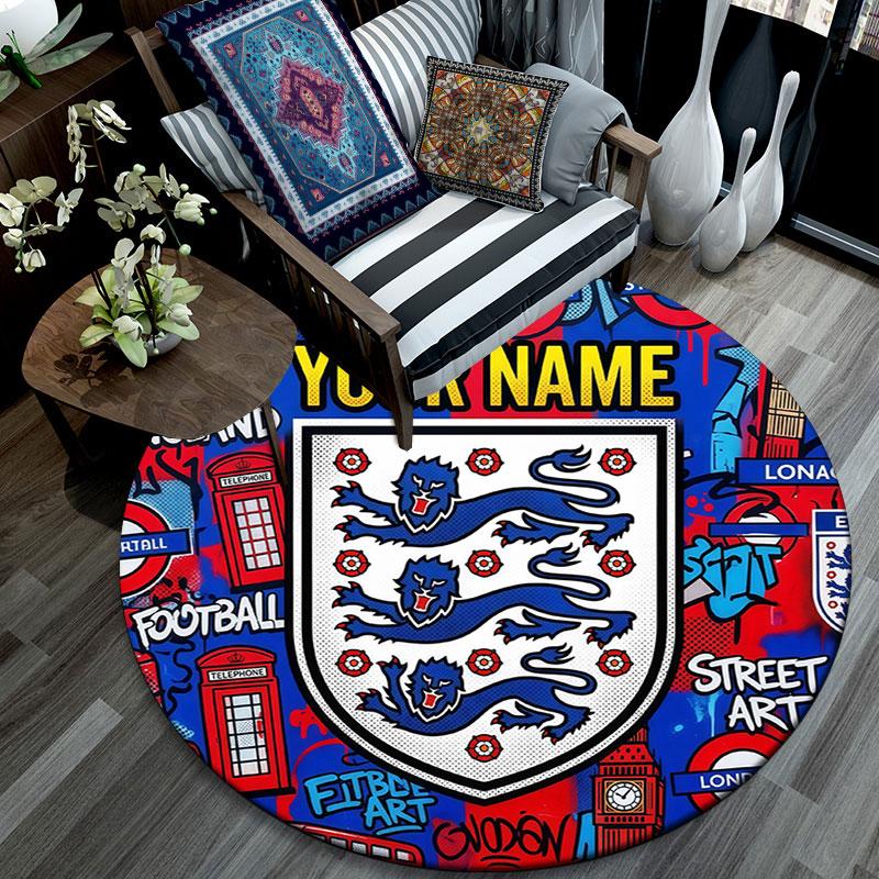 Custom Name,England National Football Team Pattern Round rug,Carpet Rug for Living Room Bedroom Playroom ,Non-slip Floor Mat,Holiday Gifts and Birthda