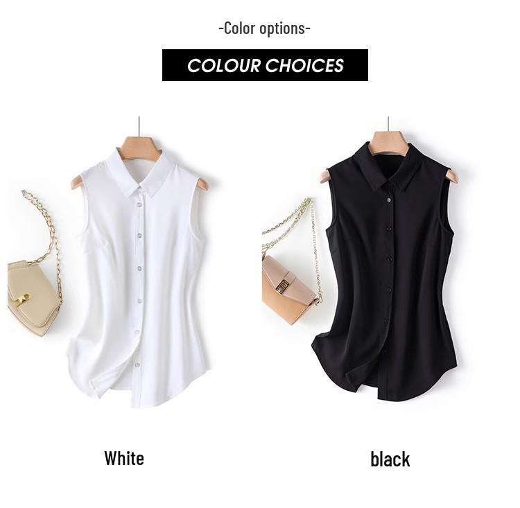 Women's White Sleeveless Chiffon Layered Vest Top with Collar - Ideal for Spring, Summer, and Autumn.