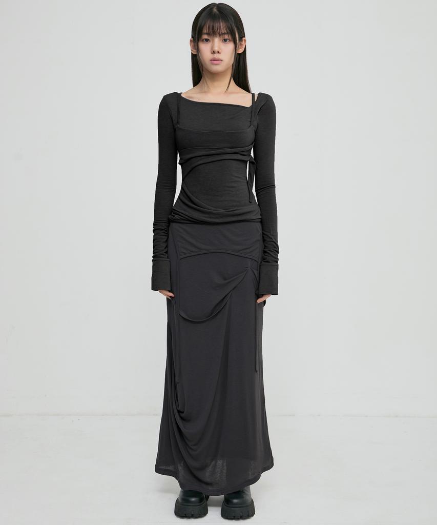 Peulleeoeob Asymmetrical Draped Long Skirt (Fl-263_Black)