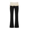 European and American Women's Clothing Street Chaoer Contrast-Color Ruffled Fake Two-Piece Bell-Bottom Pants Silm Slim Looking Casual Knitted Trousers
