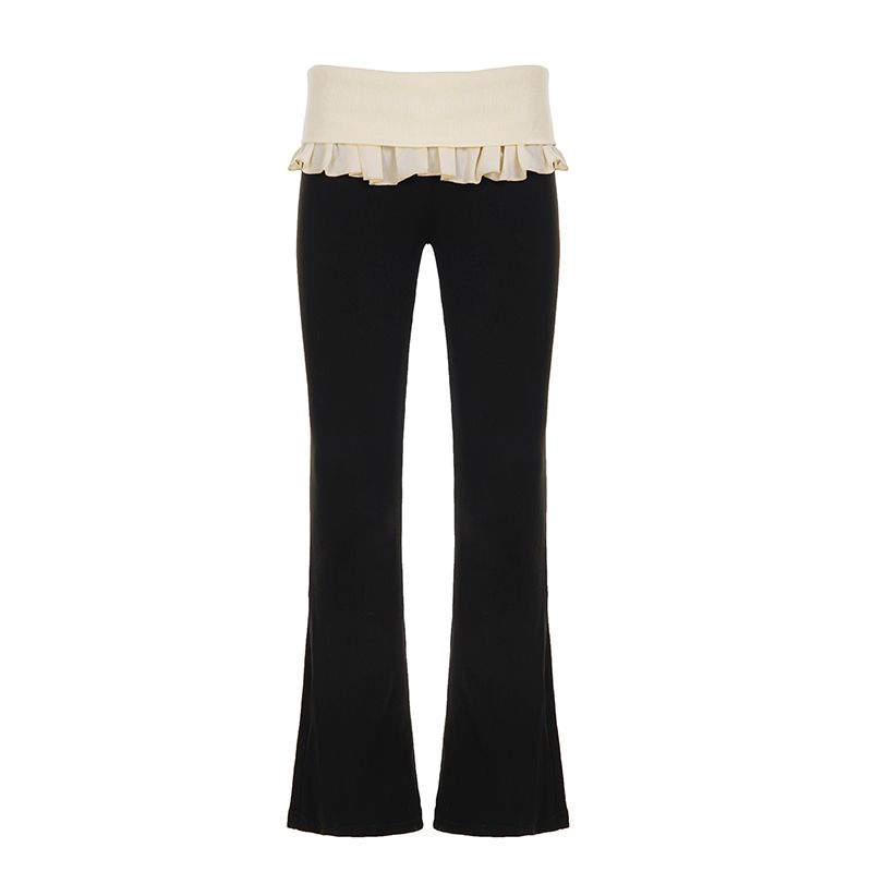European and American Women's Clothing Street Chaoer Contrast-Color Ruffled Fake Two-Piece Bell-Bottom Pants Silm Slim Looking Casual Knitted Trousers