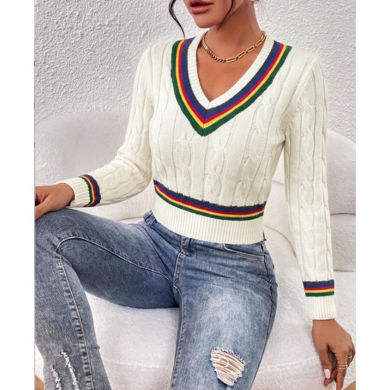 Maglione Pullover da Donna a Righe con Scollo a V Moda Versatile