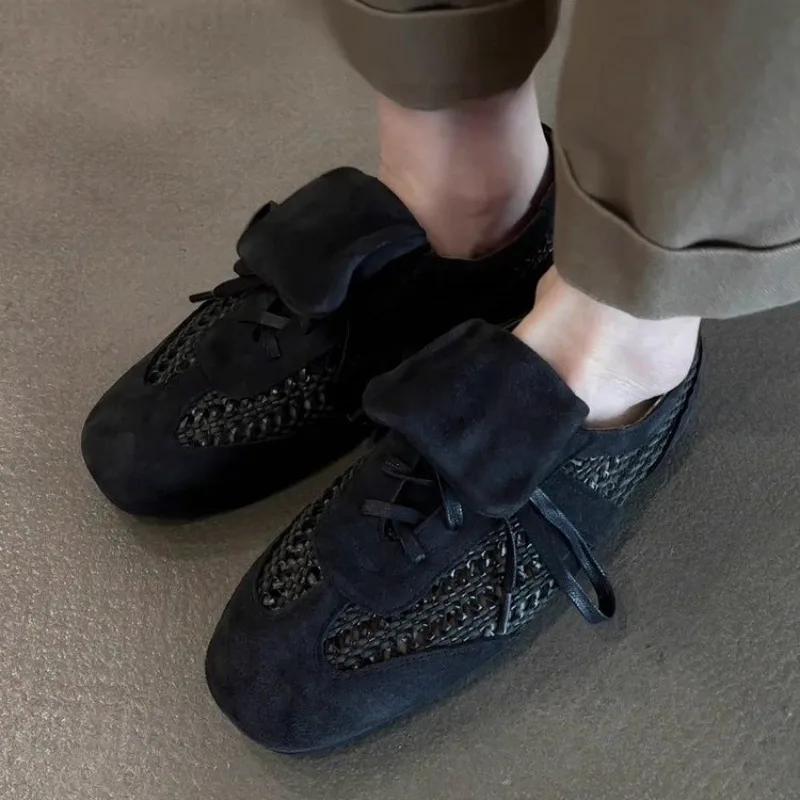 Women's Soft Sole Soft Sneaker Fall New Round Toe Deep Mouth Suede Open Toe Front Lace-Up Non-Slip Flats