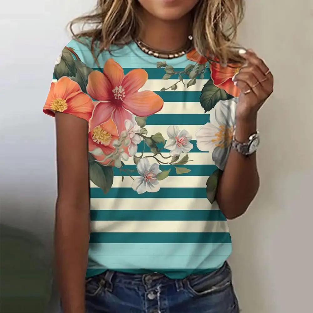 Summer Women Trend T-shirt 3D Printed Floral Stripe Tops Tees Female Fashionable Short Sleeve Clothing Casual Stylish Outfit