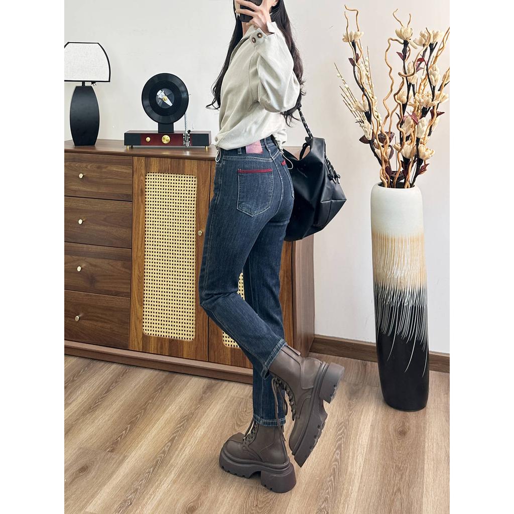 Women's High Waist Slim Straight Ankle Jeans Medium Contrast Back Pocket Nine Length Cigarette Denim Pants Spring Petite Casual Trousers