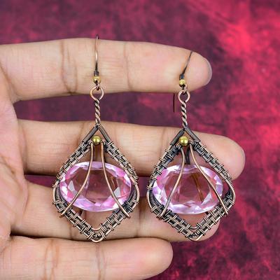 Faceted Pink Kunzite Earring Copper Wire Wrapped Earrings Handmade Copper Jewelry Dainty Gemstone Earring Wire Weaving Jewelry Gifts for Mom