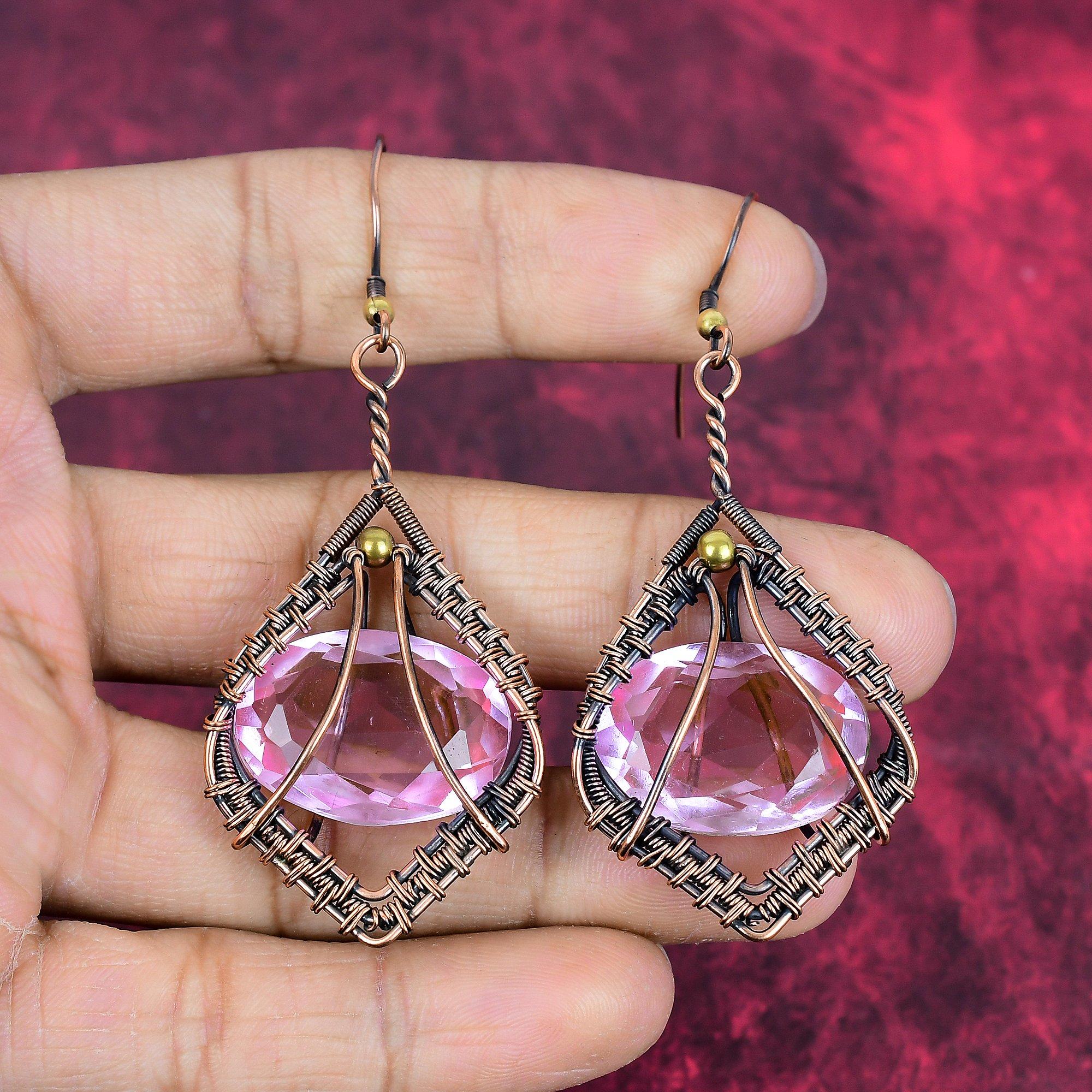 

Faceted pink kunzite earring copper wire wrapped earrings handmade copper jewelry dainty gemstone earring wire weaving jewelry gifts for mom