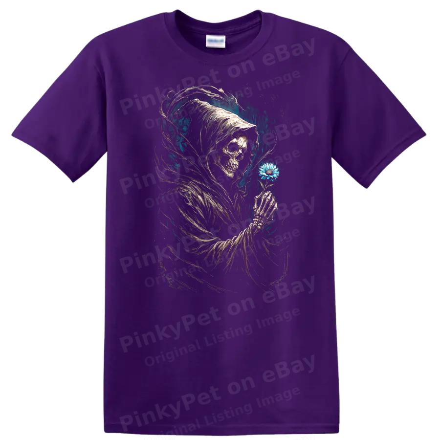 Grim Reaper Holding Flower Graphic T Shirt Dark Art Skull Design Tee
