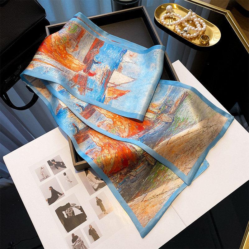 French silk streamer fashion temperament light luxury 100% mulberry silk silk scarf spring new women s silk long silk scarf 15*150cm