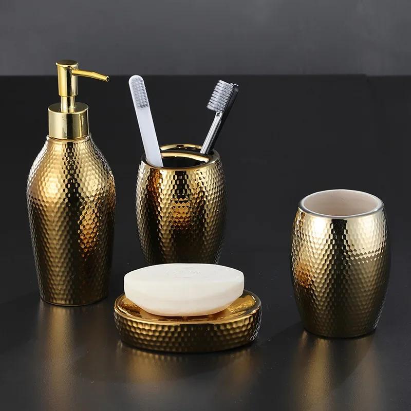 1 Pcs/ Lot Nordic Golden Ceramic Wash Set Bathroom Accessories Soap Dispenser Toothbrush Holder Bathroom Supplies