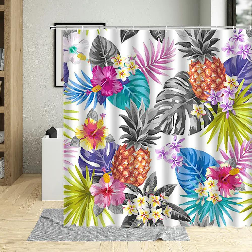 Tropical Pineapple Shower Curtains Watercolor Fruit Leaves Palm Leaf Flower Plant Bath Curtain Sets Modern Fabric Bathroom Decor