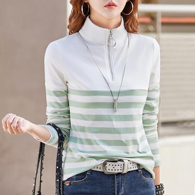 Pullover Gestreept Dames Vintage Rits T-shirt Herfst Koreaanse Mode Casual Katoen Vrouwelijk Lange Mouw Tops T-shirts