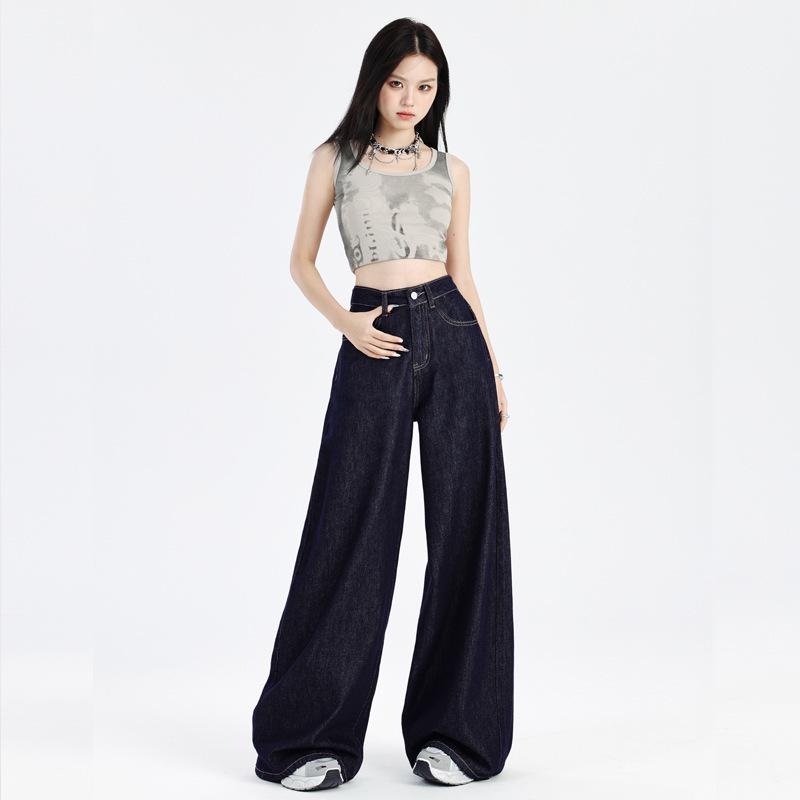 

Women s American Retro Deep Blue Wide-Leg Jeans - Trendy Spring Style, Loose Floor-Length, Small Height S глубокий/синий