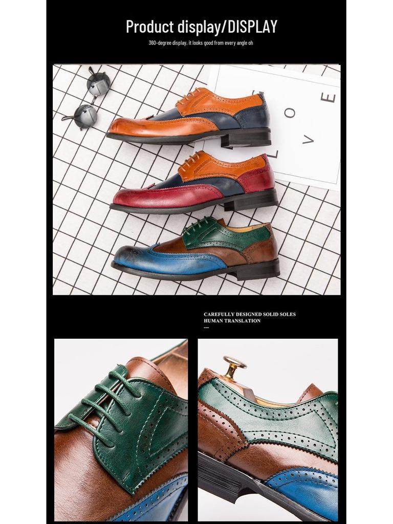 Men's Brogue Colorblock Leather Shoes: Large Size, British Style, Formal Fashion for Spring & Autumn 2020.