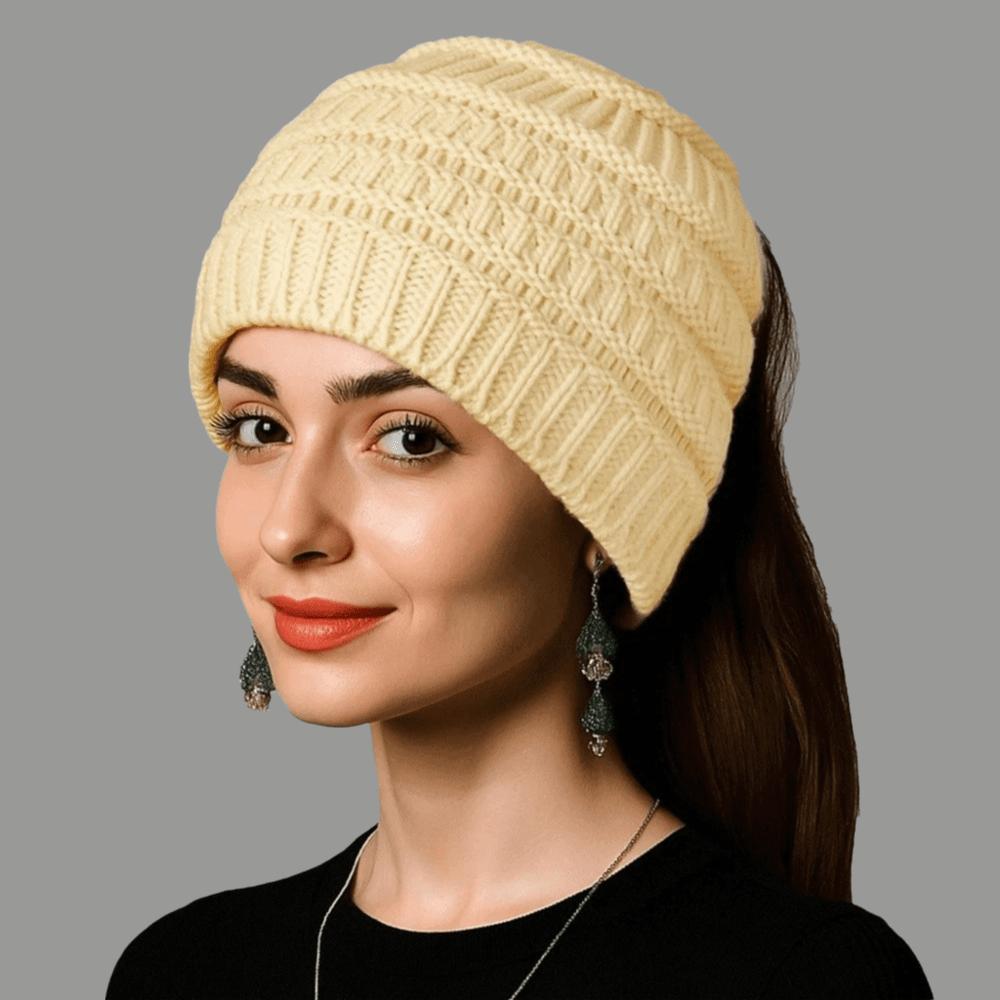 Solid Color Ponytail Beanie Hat Headwear Women's Hat Warm Knitting Headband  Winter