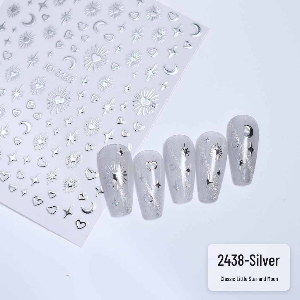 Metallic Star & Moon Nail Art Stickers (Gold & Silver) - Hollow Heart, Moon, Four-Pointed Star Design