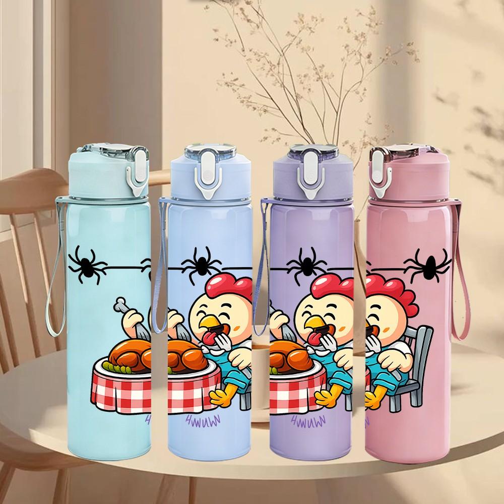 1PC Picnic Chicken Halloween Pattern 750ml Color Plastic Sports Water Bottle Leakproof Flip Straw Lid Suitable for Sports Office Home Use