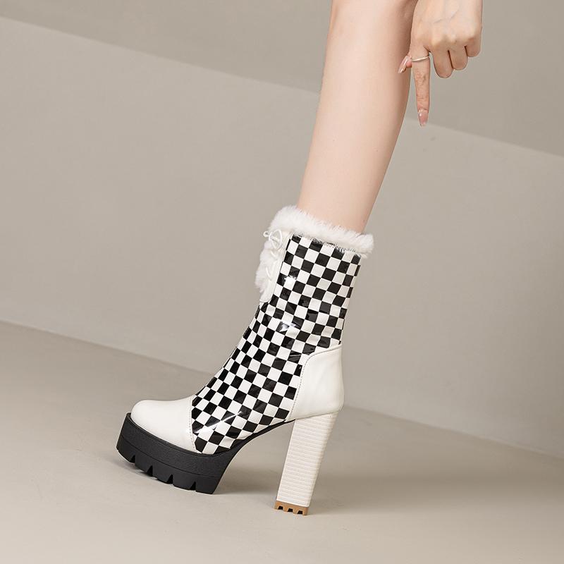 Black White Plaid Ankle Boots Women's with Fur Winter Platform Shoes Mixed Colours Chunky Heels Footwear