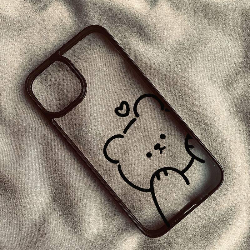 Cartoon Minimalist Bear Phone Case For iPhone 16 15 14 Pro MAX 12 13 12 XS SE2 XR 7 8Plus Cute Line Animal Hard Clear Cover Capa