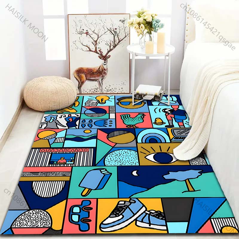 Grid Cartoon Picture Print Carpet for Living Room Bedroom Bedside Sofa Floor Mat Modern Home Decor Aisle Corridor Area Rug