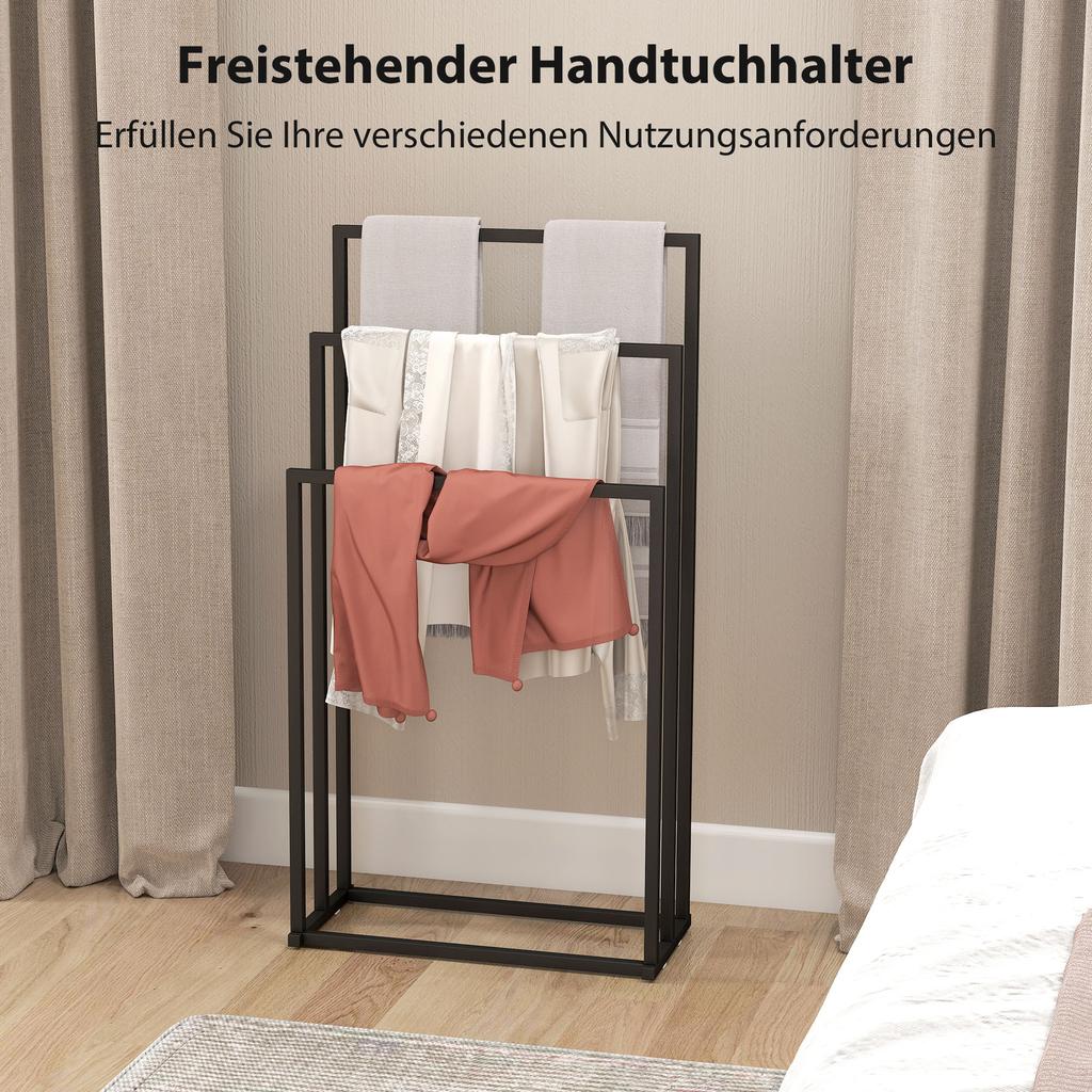 Freistehender Handtuchständer, Stahl-Handtuchhalter mit 3 Stangen, Schwarz