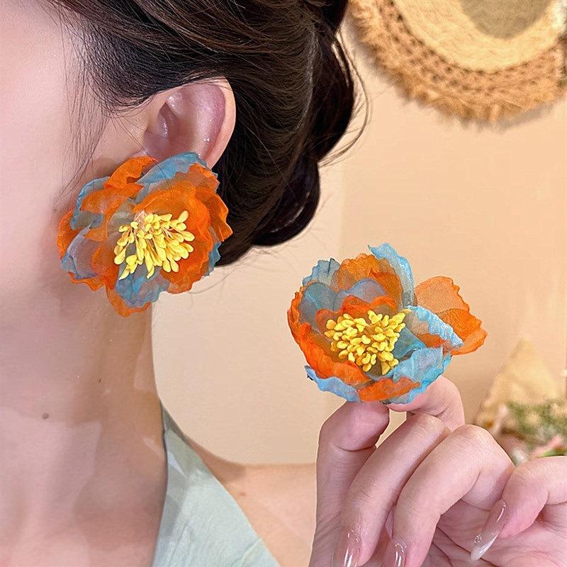 Ear Flower~ Silver Needle Chiffon Flower Stud Earrings, Island Exaggerated Personality Vacation Style Earrings, Niche Design Earrings