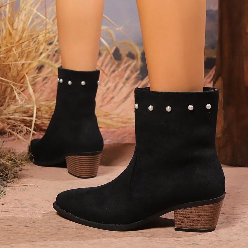 Suede High Heels Chelsea Ankle Boots Woman Beaded Trend Pointed Toe Shoes Woman New Winter Gladiaotr Chunky Fashion Botas Pumps