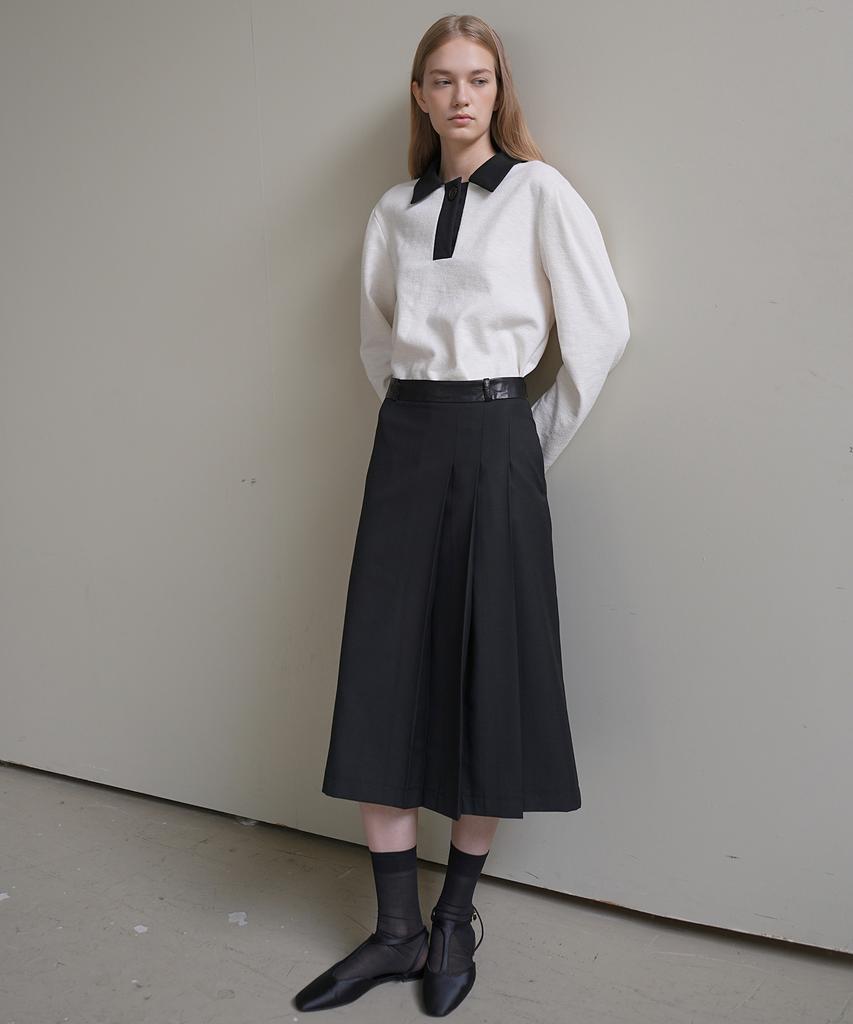 Paul And Alice Leather Band Wool Skirt / Black