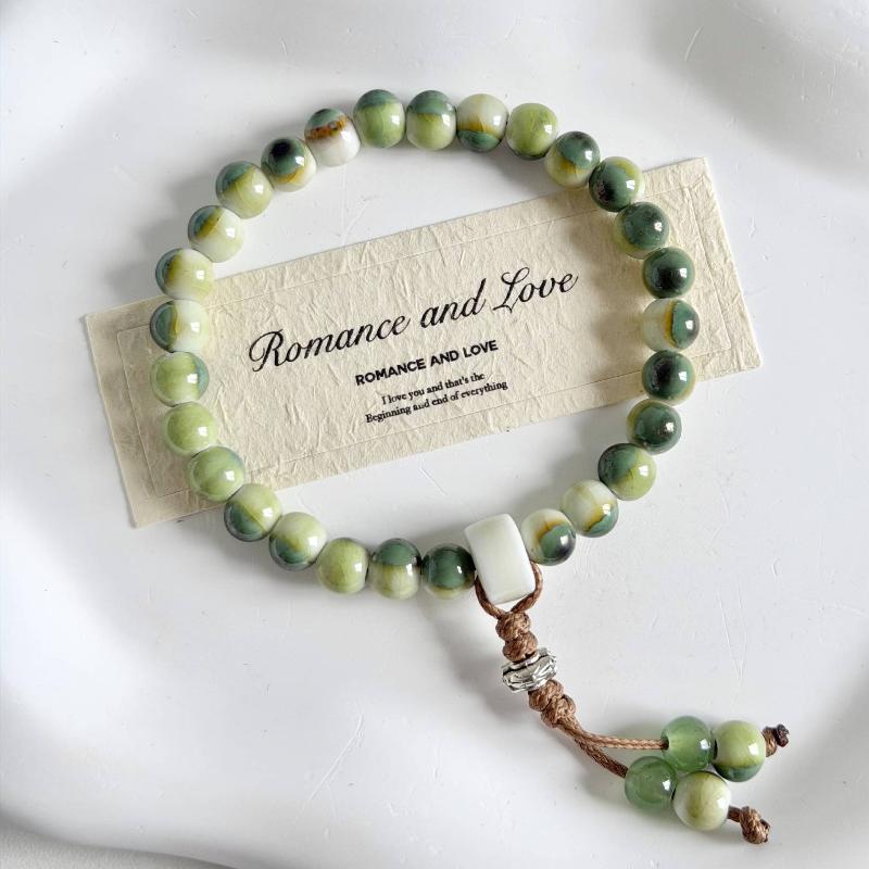 Boho Keramik Perlen Armband für Damen Zartrosa Rund mit Marmor Quadratischen Perlen, Elastisches Dehnbares Design für den Alltag & Geschenk