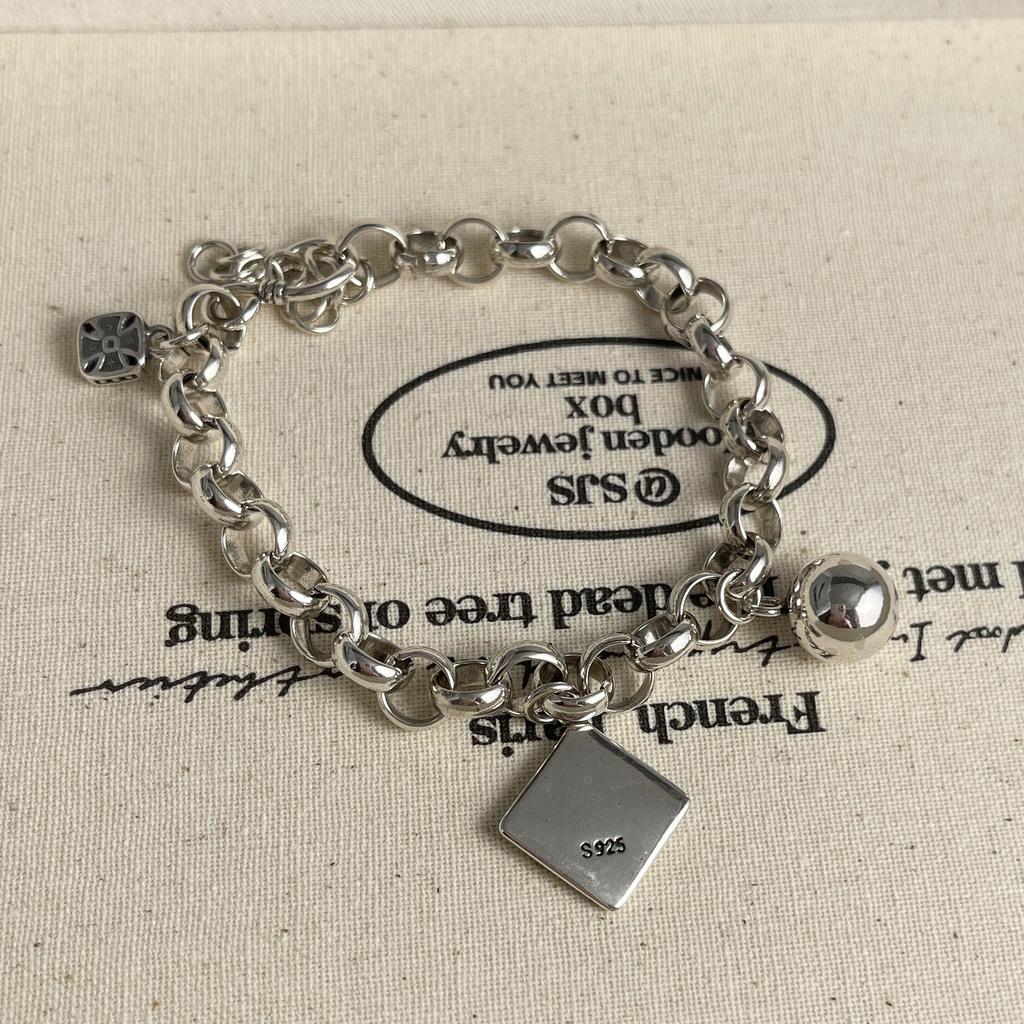 100% Solid 925 Sterling Silver Retro Bracelet for Women Men Vintage Handmade Letters Ball Simple Bracelet Birthday Gift