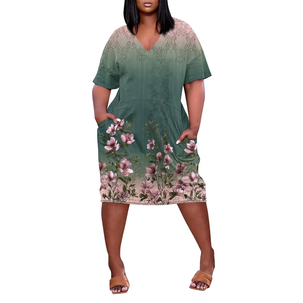 Summer Plus Size V Neck Short Sleeve Knee Pocket Print Casual Dress For Women