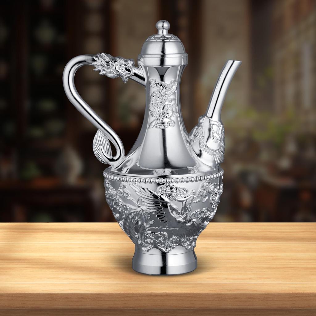 Dragon & Phoenix Wine Set: Silver Pot, Silver-Plated & Gold-Plated Cups, Five-Piece Set in Leather Box.