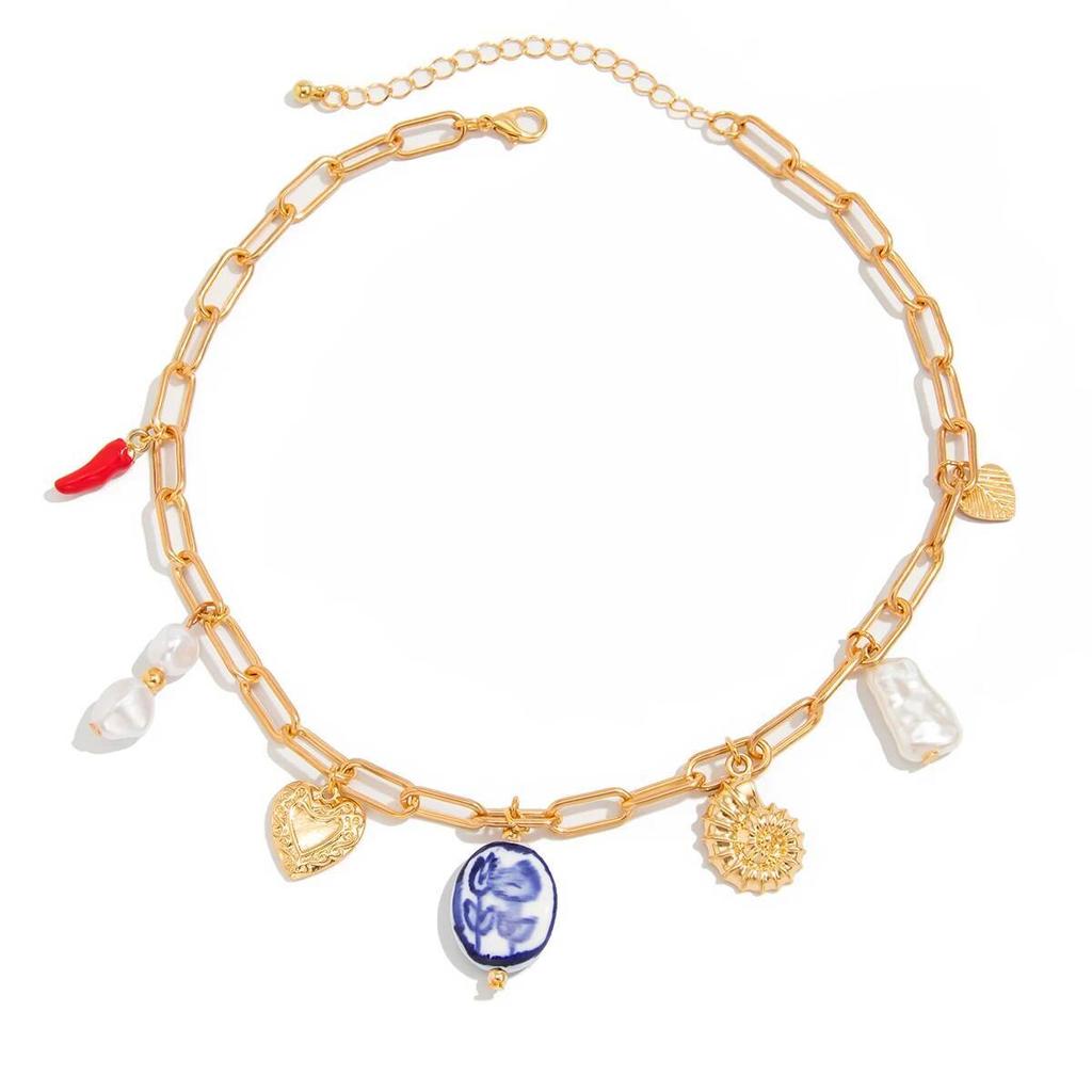 KunJoe Retro Ceramic Round Conch Love Heart Pendant Necklace for Women Classic Imitation Pearl Short Choker 2025 Trendy Jewelry