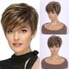 Short Hair Wigs with Bangs Dark Brown Mixed Blonde Pixie Cut Wig for Women Straight Synthetic Fiber Wigs