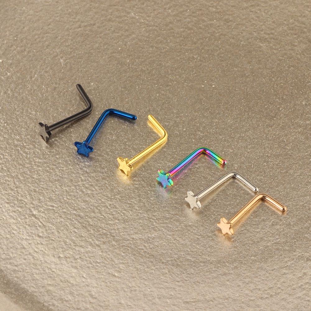 Stal Nierdzewna Kolczyk do Nosa w Kształcie Litery L z Pięcioramienną Gwiazdą Biżuteria Piercing