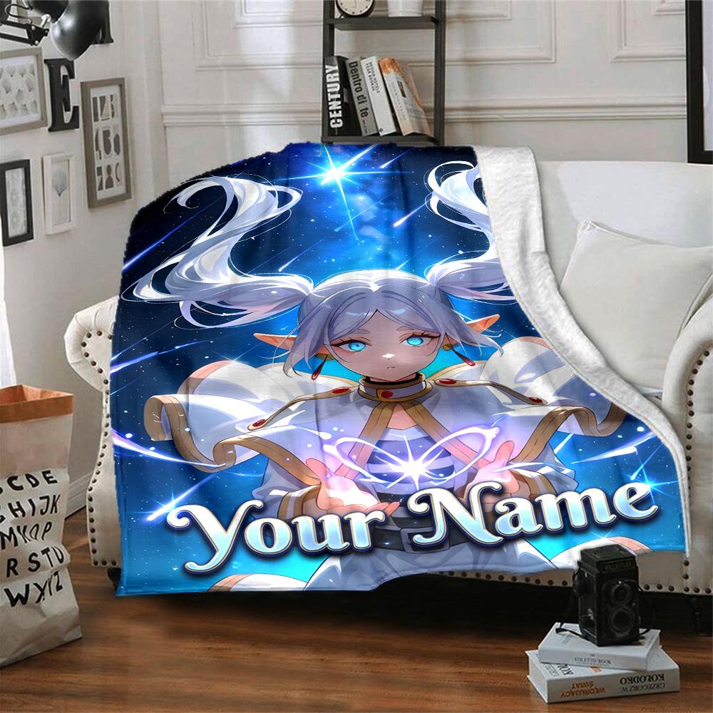 1pc Frieren Blanket with Custom Name, Gift, for Men and Women, Soft Blanket, Good for Sofa Bed Couch Travel, Lightweight Flannel Blanket
