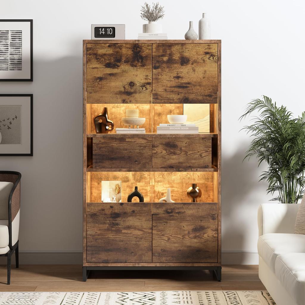 Transparent Display Cabinet Bookcase 2 Doors & 2 Drawers, Highboard Display Cabinet Wine Cabinets Living Room Dining Room Office, Vintage Brown