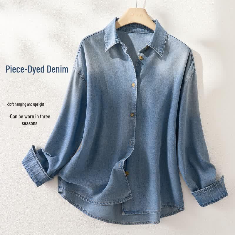 IHIMI Women s Retro Washed Denim Shirt L