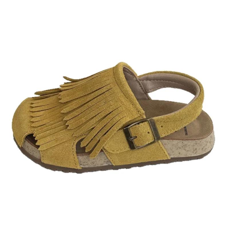 Genuine Leather Summer Kids Sandals For Girls Tassels Closed Toe Kids Shoes Non-slip Fashion Toddler Children Beach Sandals