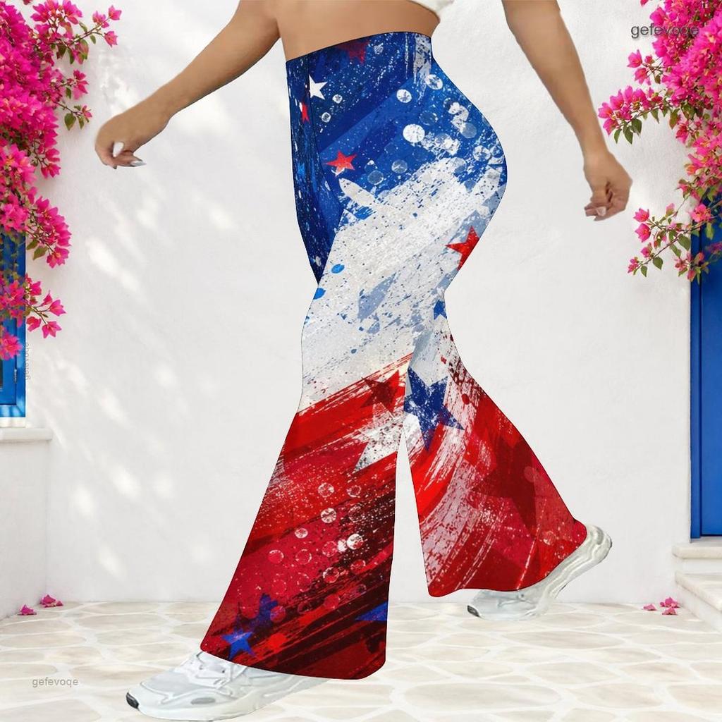 Women Plus Size High Waist Full Length Flared Pants White Star Printed Trousers