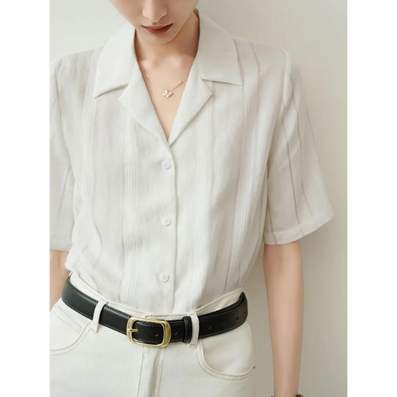 Women White Lapel Collar Shirt Pleated Half Sleeve Casual Blouse S белый