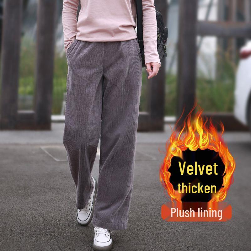 2025 Women's High Waist Straight-Leg Corduroy Pants: Versatile, Casual, Loose-Fit Woolen Pleated Solid Color Long Pants