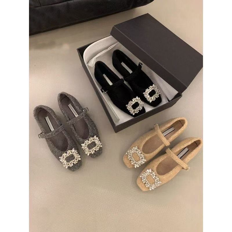 Rhinestone Square Head Velvet Mary Jane Single Shoes 2025 Autumn and Winter French Low-heeled Black Evening Women's Shoes Fluffy Shoes