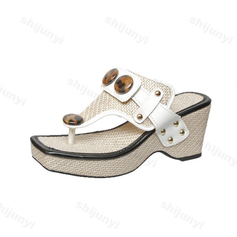 Fashion 2025 Summer New Open Toes Wedge Sandals for Women Coarse Heel Fashion Comfortable Casual Slippers Woven Design Beach Flip-flops
