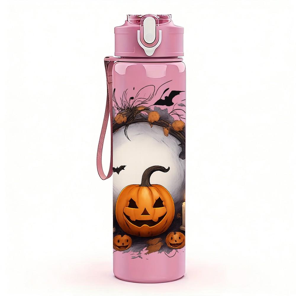 1PC Pumpkin Face Halloween Moon Print 750ml Color Plastic Sports Water Bottle Leakproof Flip Straw Lid Suitable for Sports Office Home Use