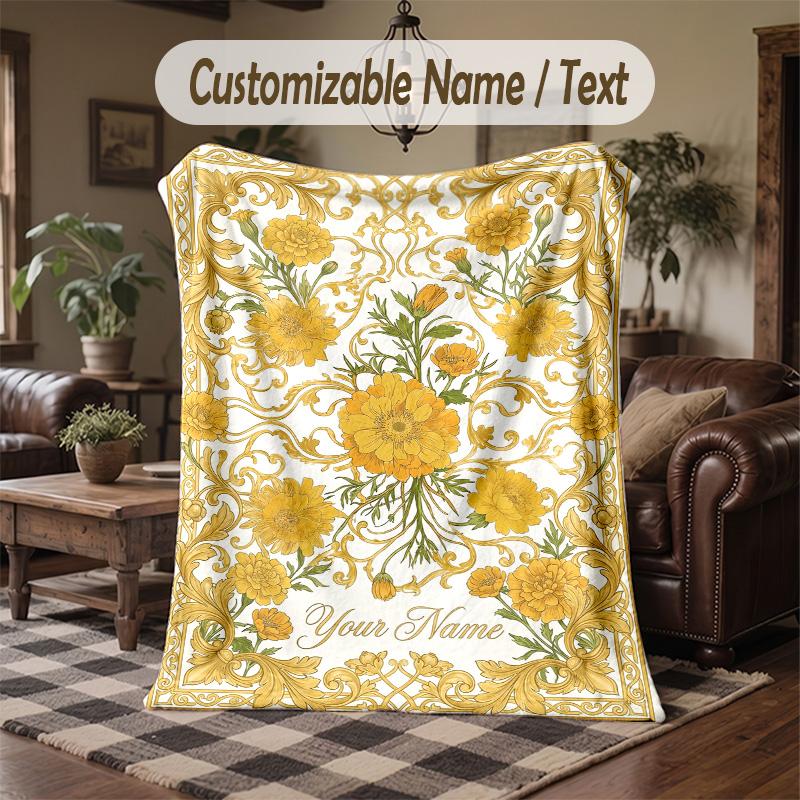 Golden Floral Elegance 2 Theme Throw Blanket Custom Name Text Personalized Blanket Soft Cozy Blanket for Home Sofa Bed