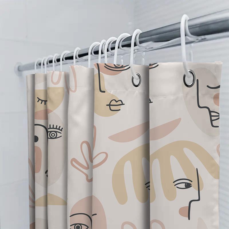 Contemporary Print Shower Curtain Set For Bathroom Decor Simple Modern Design With Face Shapes In Pink Beige Colors (180X274Cm)