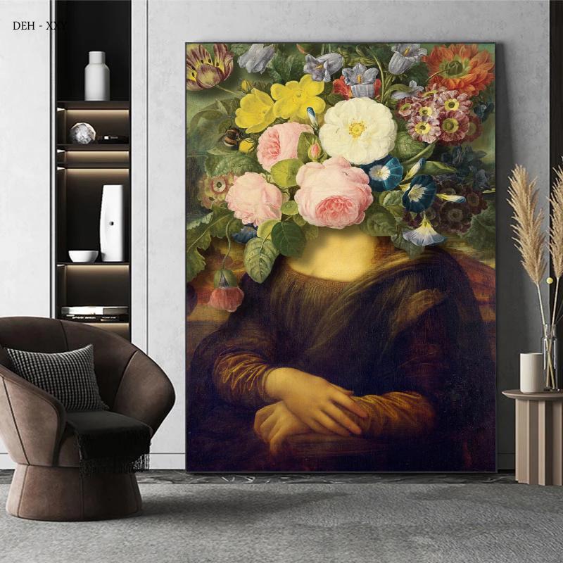 Vintage Famous Painting Girl with Pearls Flowers Canvas Poster Mona Lisa with Flowers Picture Cuadros Wall Art Home Decor