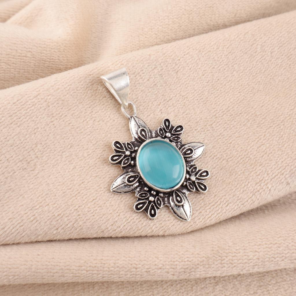 Natura Blue Cat's Eye Gemstone 925 Stamped Silver Jewelry Handmade Pendant 1.62" CP-12-43