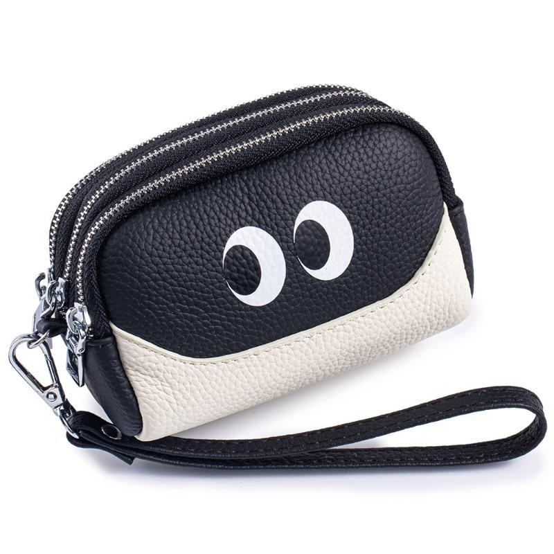 

New first-layer cowhide change bag mini cute women s small wallet multi-functional leather three-zipper storage bag чёрный